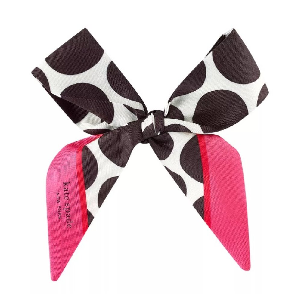 Kate Spade New York Silk Twilly Scarf,Black&White Polka Dots With Pink Edge-New